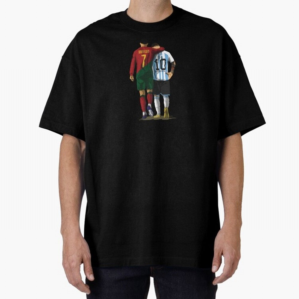 Messi Ronaldo Chit Chat Illustration Oversized T-Shirt Capture FIFA World Cup 2026 Group Stage for Fans of CR7 and Messi and Portugal, Bringing Game Day Rituals, Football Legends, Country Pride and the Road to the Final; Made for Collectors Who