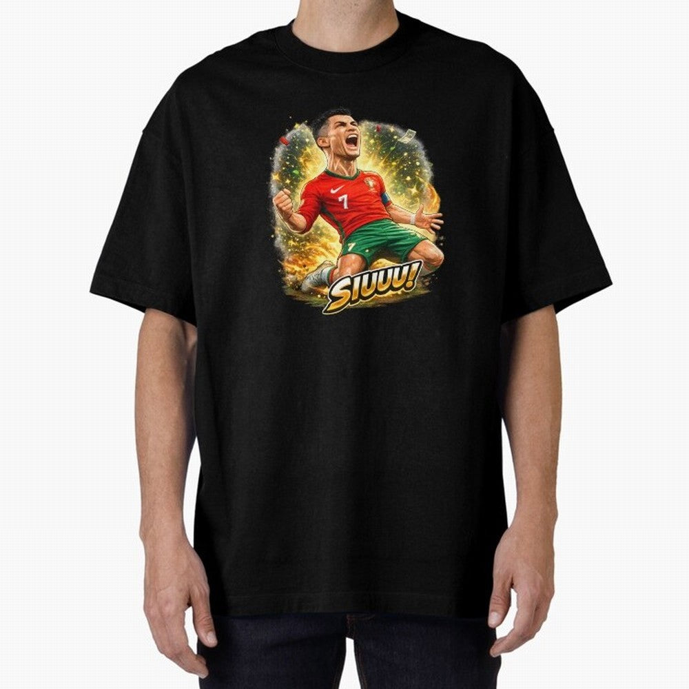 CR7 SIUUU Celebration Cartoon ¨C Legendary Football Goal Celebration Oversized T-Shirt Celebrate Rivalries and Pride in FIFA World Cup 2026 USA Canada Mexico for Fans of Cristiano Ronaldo, Haaland and CR7 and Portugal, Spain and Germany, Bringing