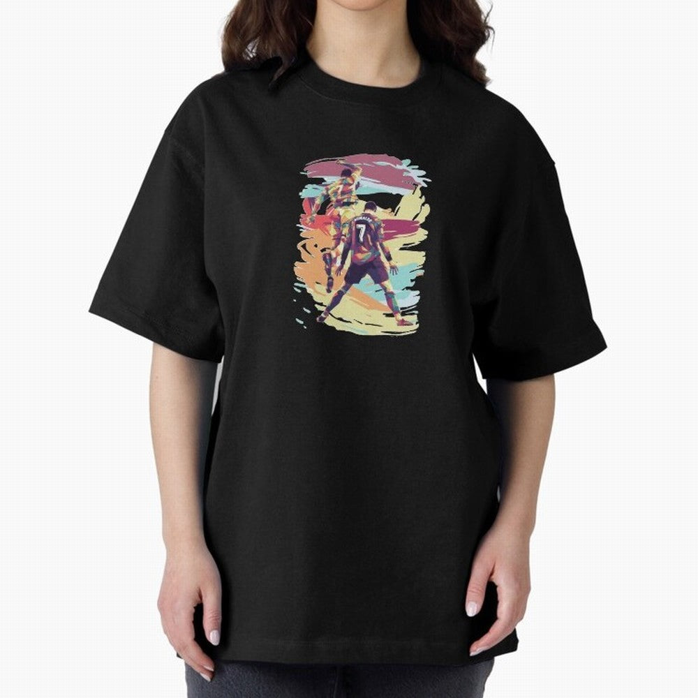 Illustration Cristiano Ronaldo CR7 Oversized T-Shirt Support Iconic Players in FIFA World Cup 2026 Group Stage Connected to Messi, CR7 and Mbappe, Portugal Energy, Football Passion, Legendary Performances, Festival Vibes and Supporter Community;