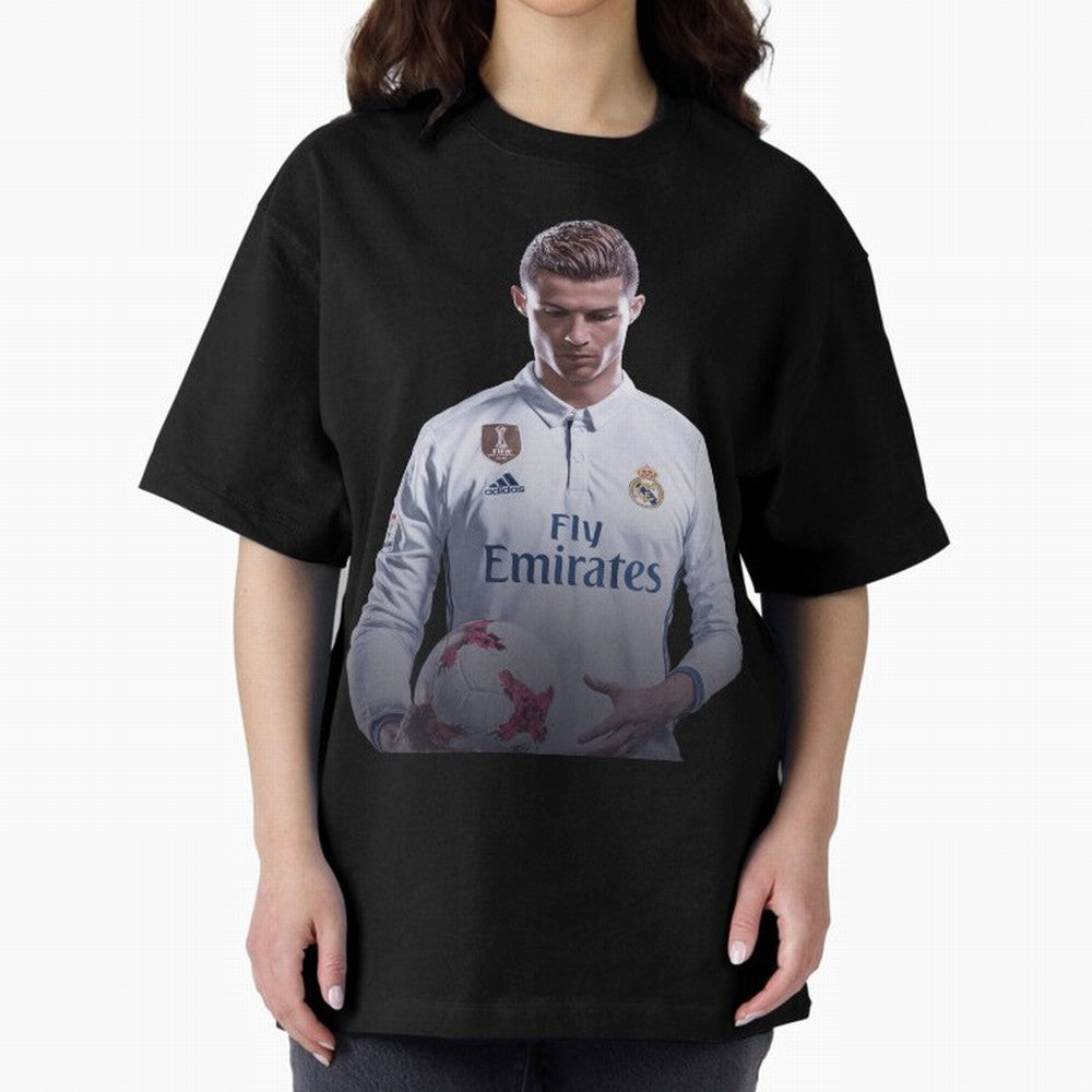 Ronaldo Madrid Jersey Poster Oversized T-Shirt Follow the Final Road of FIFA World Cup 2026 Spirit, Inspired by Portugal, CR7 and Messi, Retro Football Energy, Iconic Rivalries, Trophy Chase Drama and Stadium Atmosphere; Perfect for Fans,