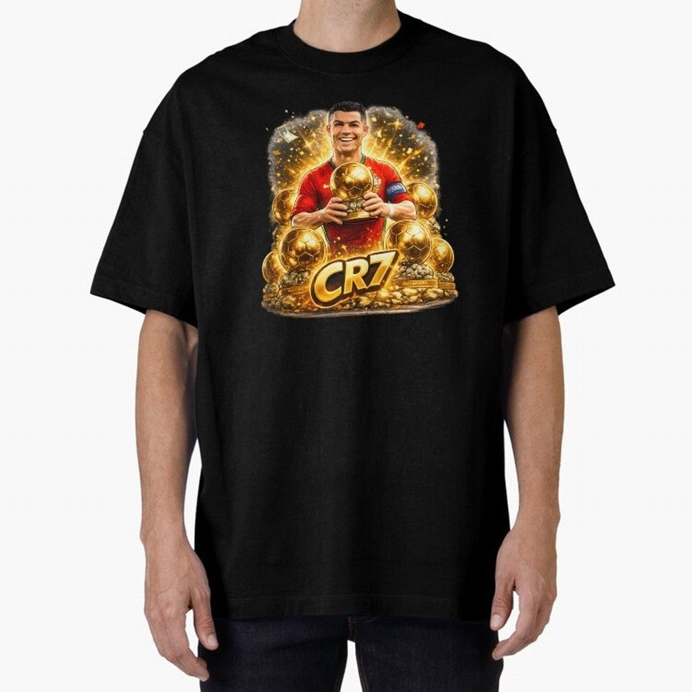 CR7 Five Ballon d'Or Trophies Cartoon ¨C Football Legend Illustration Oversized T-Shirt Stand Proud for FIFA World Cup 2026 Group Stage Highlighting Cristiano Ronaldo, Argentina, France and Brazil Energy, Soccer Culture, Superstar Moments, National
