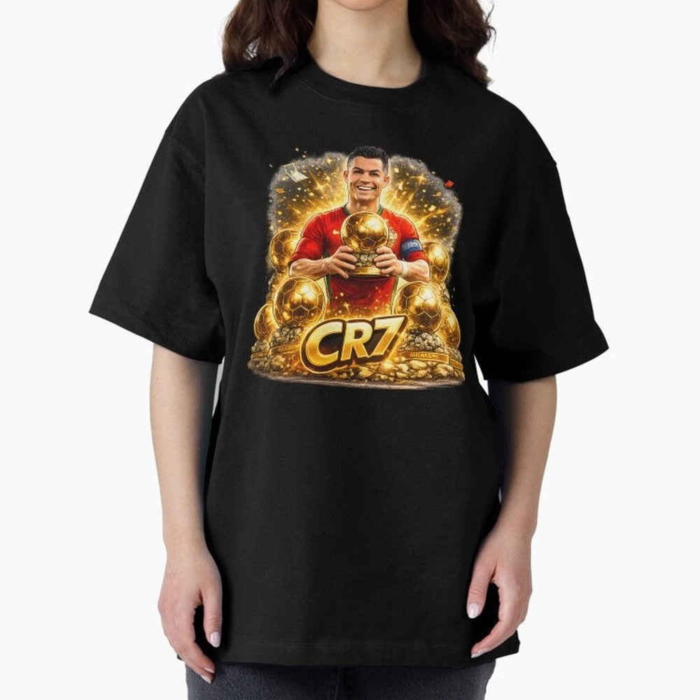 CR7 Five Ballon d'Or Trophies Cartoon ¨C Football Legend Illustration Oversized T-Shirt Stand Proud for FIFA World Cup 2026 Group Stage Highlighting Cristiano Ronaldo, Argentina, France and Brazil Energy, Soccer Culture, Superstar Moments, National