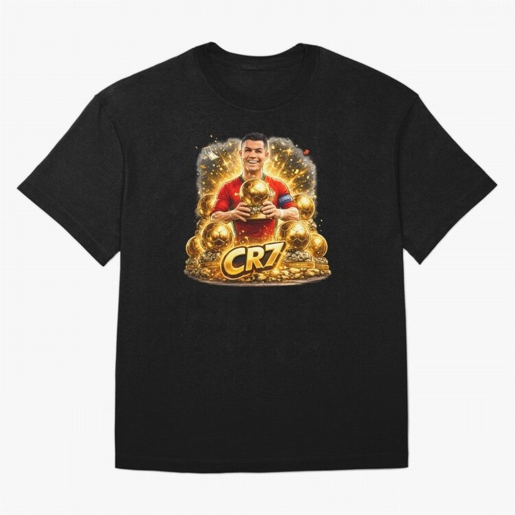 CR7 Five Ballon d'Or Trophies Cartoon ¨C Football Legend Illustration Oversized T-Shirt Stand Proud for FIFA World Cup 2026 Group Stage Highlighting Cristiano Ronaldo, Argentina, France and Brazil Energy, Soccer Culture, Superstar Moments, National