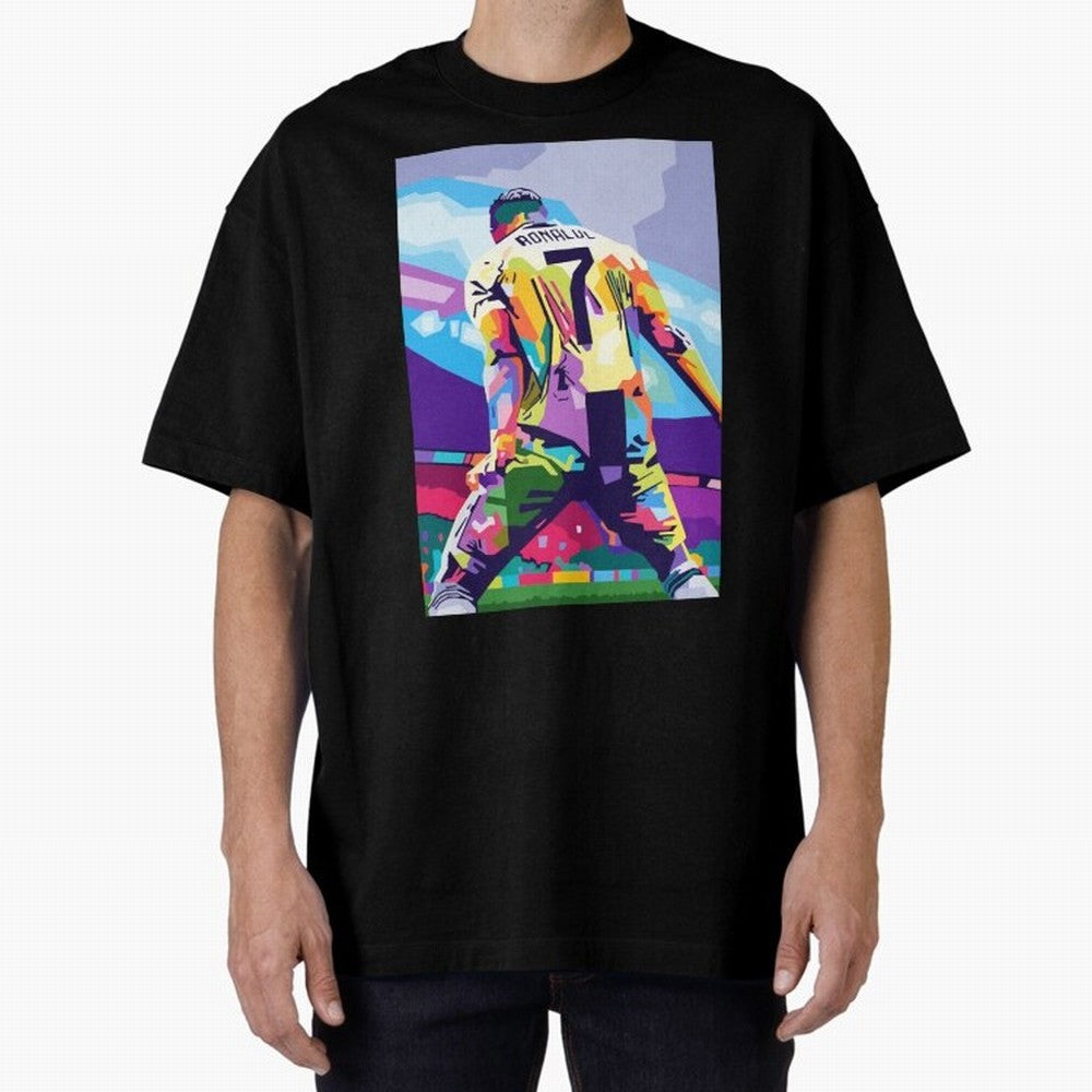 Cristiano Ronaldo Celebration Wpap Pop Art Oversized T-Shirt Feel International Energy from Global Football Passion for FIFA World Cup 2026, Highlighting Messi, Neymar and Mbappe, Brazil, Portugal and Argentina, Football Festival Excitement, Trophy