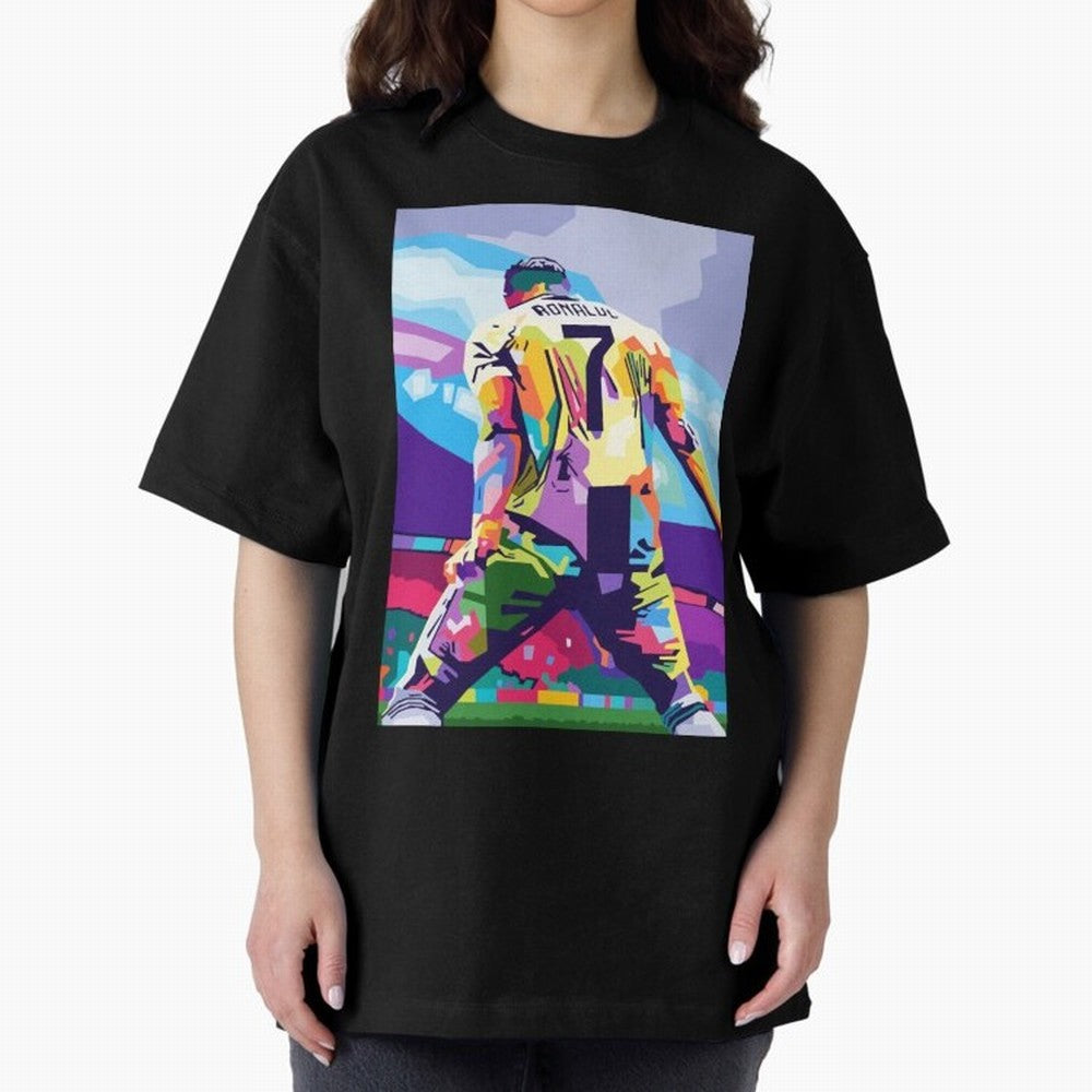 Cristiano Ronaldo Celebration Wpap Pop Art Oversized T-Shirt Feel International Energy from Global Football Passion for FIFA World Cup 2026, Highlighting Messi, Neymar and Mbappe, Brazil, Portugal and Argentina, Football Festival Excitement, Trophy