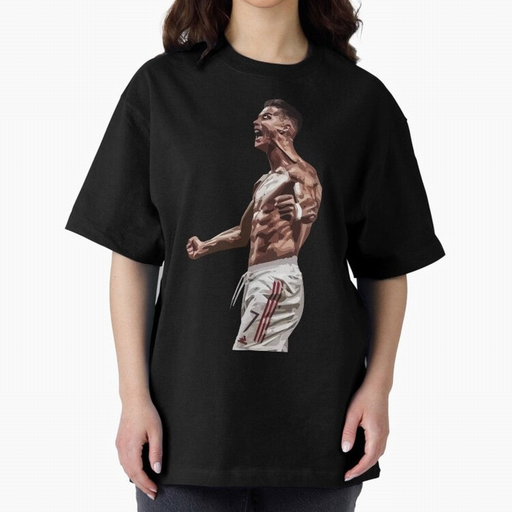 Cristiano Ronaldo - Celebration - CR7 - Manchester United Oversized T-Shirt Follow the Road to FIFA World Cup 2026 USA Canada Mexico with Messi, Neymar and Mbappe, England and Germany Energy, Championship Spirit, Famous Goals, Roaring Crowds and