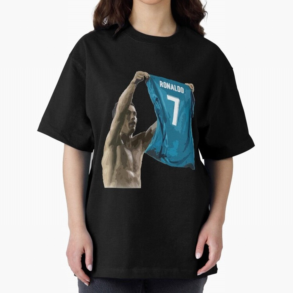 Cristiano Ronaldo celebration goal against Barcelona Oversized T-Shirt Bring Supporter Culture to Global Football Passion for FIFA World Cup 2026 USA Canada Mexico, with Messi, CR7 and Mbappe, Brazil, Portugal and Argentina, Soccer Culture,