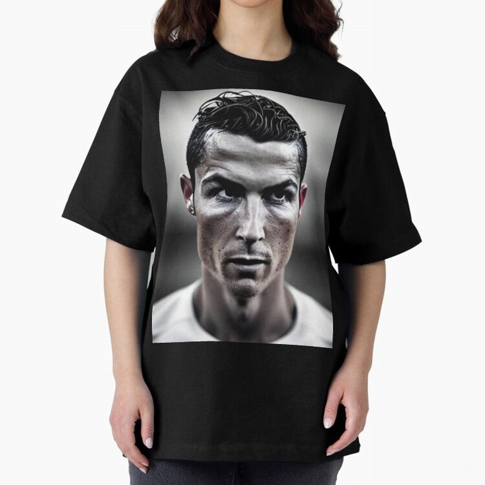 Cristiano Ronaldo Portrait Oversized T-Shirt Celebrate Rivalries and Pride in FIFA World Cup 2026 Group Stage for Fans of CR7 and Messi and Portugal, Spain and Germany, Bringing Football History, Final Match Energy, Crowd Noise and Once in a