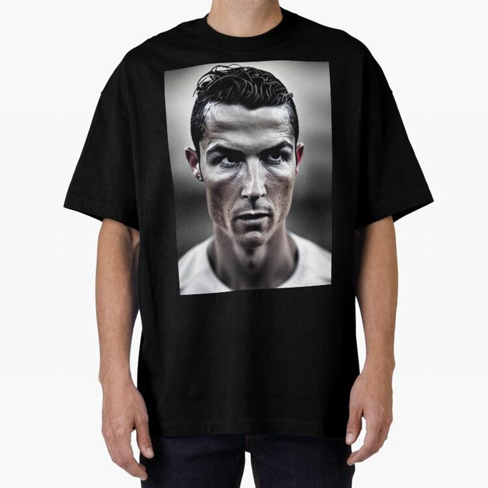 Cristiano Ronaldo Portrait Oversized T-Shirt Celebrate Rivalries and Pride in FIFA World Cup 2026 Group Stage for Fans of CR7 and Messi and Portugal, Spain and Germany, Bringing Football History, Final Match Energy, Crowd Noise and Once in a