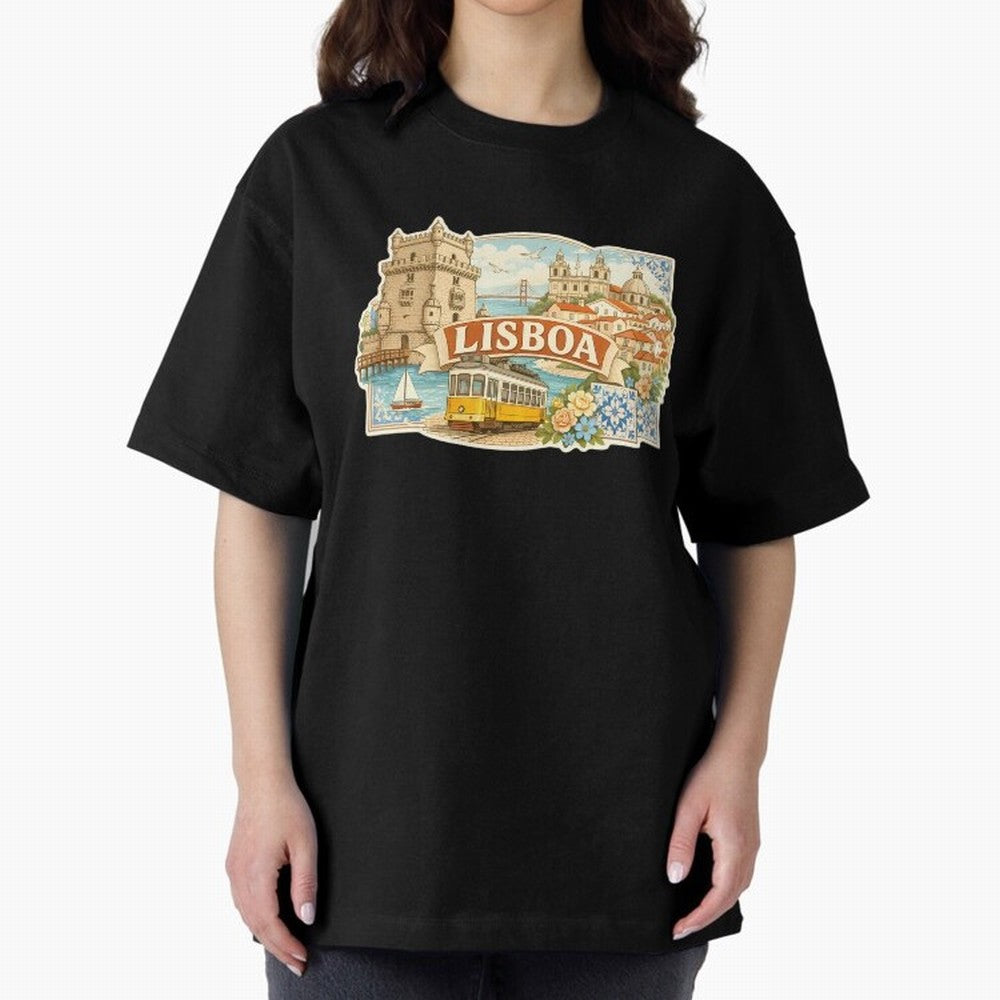 Vintage Tram Lisbon Illustration Oversized T-Shirt Carry National Pride through FIFA World Cup 2026 USA Canada Mexico Spirit, Filled with England and Germany, Messi, CR7 and Mbappe, Sports Nostalgia, International Competition, Famous Players and