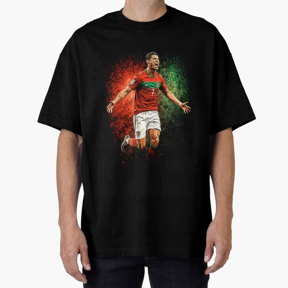 Cristiano Ronaldo Football Legend Oversized T-Shirt Mark Global Football Passion for FIFA World Cup 2026 USA Canada Mexico, with Messi, Neymar and Mbappe, Brazil, Retro Football Energy, Iconic Rivalries, Trophy Chase Drama and Stadium Atmosphere;