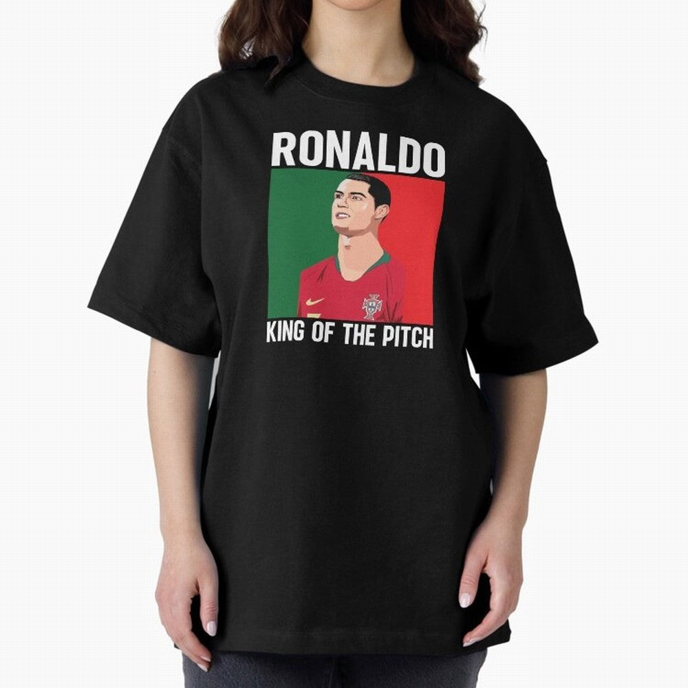 Ronaldo: King Of The Pitch Oversized T-Shirt Spotlight the FIFA World Cup 2026 Journey through CR7 Highlights, Brazil Pride, Fan Favorite Moments, National Team Passion, Big Match Drama and Soccer History; Great for Supporters Who Love Legendary