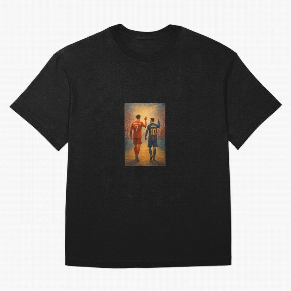 Cristiano Ronaldo and Messi Art Sticker Oversized T-Shirt Support Iconic Players in Match Day Hype around FIFA World Cup 2026 Group Stage, Cristiano Ronaldo, Spain, Football Passion, Legendary Performances, Festival Vibes and Supporter Community;