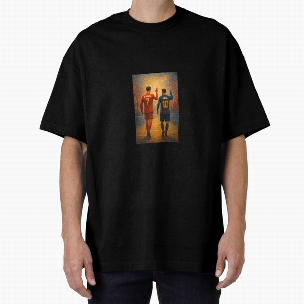 Cristiano Ronaldo and Messi Art Sticker Oversized T-Shirt Support Iconic Players in Match Day Hype around FIFA World Cup 2026 Group Stage, Cristiano Ronaldo, Spain, Football Passion, Legendary Performances, Festival Vibes and Supporter Community;