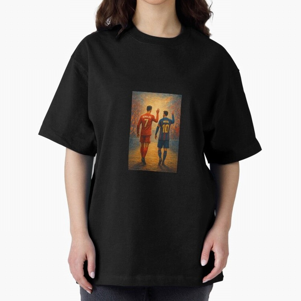 Cristiano Ronaldo and Messi Art Sticker Oversized T-Shirt Support Iconic Players in Match Day Hype around FIFA World Cup 2026 Group Stage, Cristiano Ronaldo, Spain, Football Passion, Legendary Performances, Festival Vibes and Supporter Community;