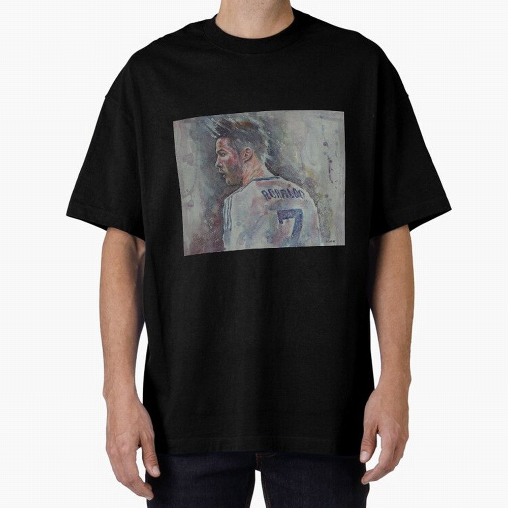 Cristiano Ronaldo - Portrait 1 Oversized T-Shirt Spotlight Global Football Passion for FIFA World Cup 2026 USA Canada Mexico, Connected to CR7 and Messi, Portugal, Supporter Pride, Iconic Celebrations, Legendary Names and Global Match Day Energy;