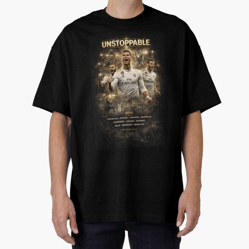 Unstoppable - Real Madrid Oversized T-Shirt Celebrate the Biggest Stage of FIFA World Cup 2026 USA Canada Mexico Featuring Mbappe and Neymar, Brazil Energy, Match Day Excitement, Supporter Culture, Golden Goals and Global Football Passion; Ideal