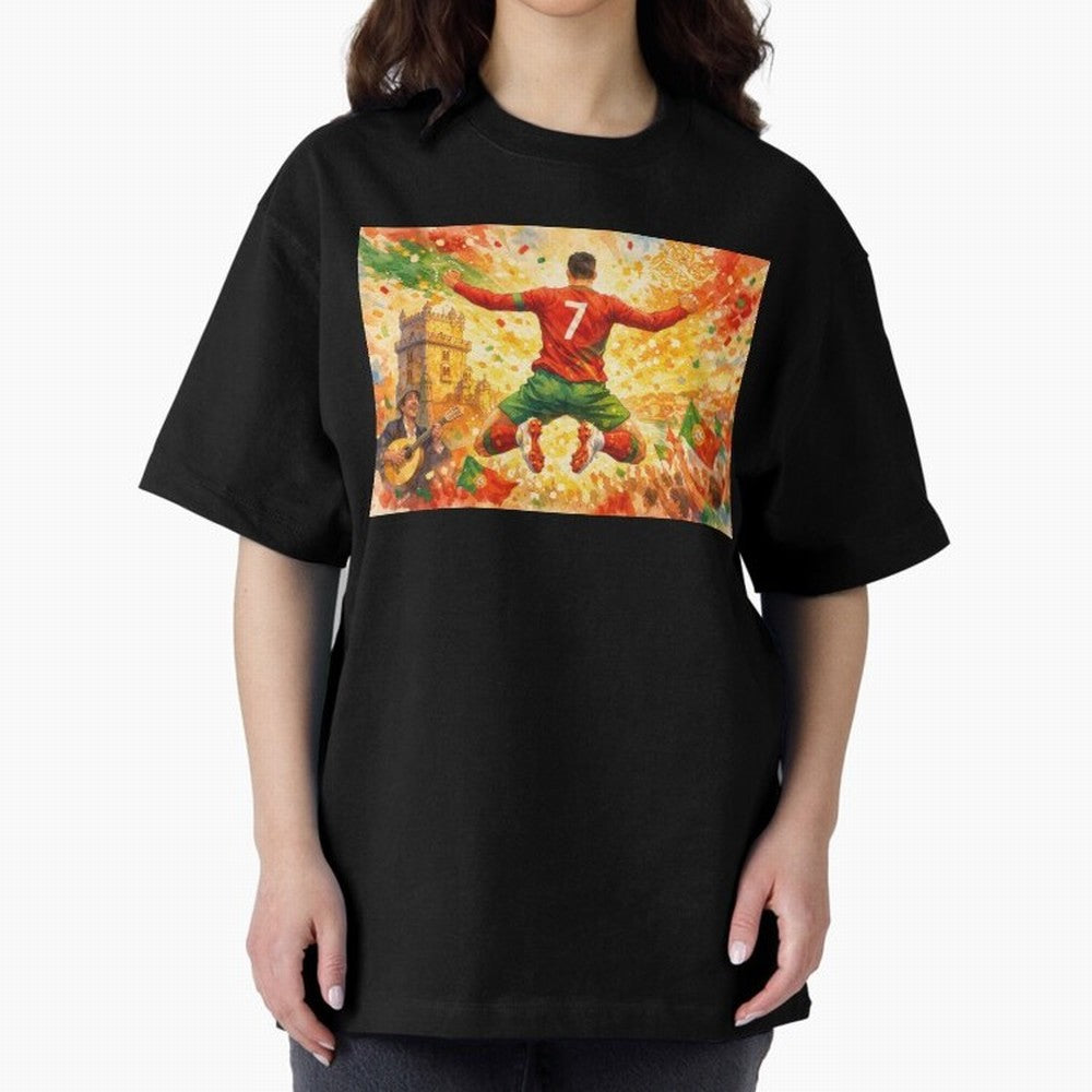 Soccer Player in Mid-Air Celebration Legend CR7 Oversized T-Shirt Carry FIFA World Cup 2026 Group Stage Highlighting Cristiano Ronaldo, Haaland and CR7, England, France and Netherlands Energy, Retro Football Energy, Iconic Rivalries, Trophy Chase