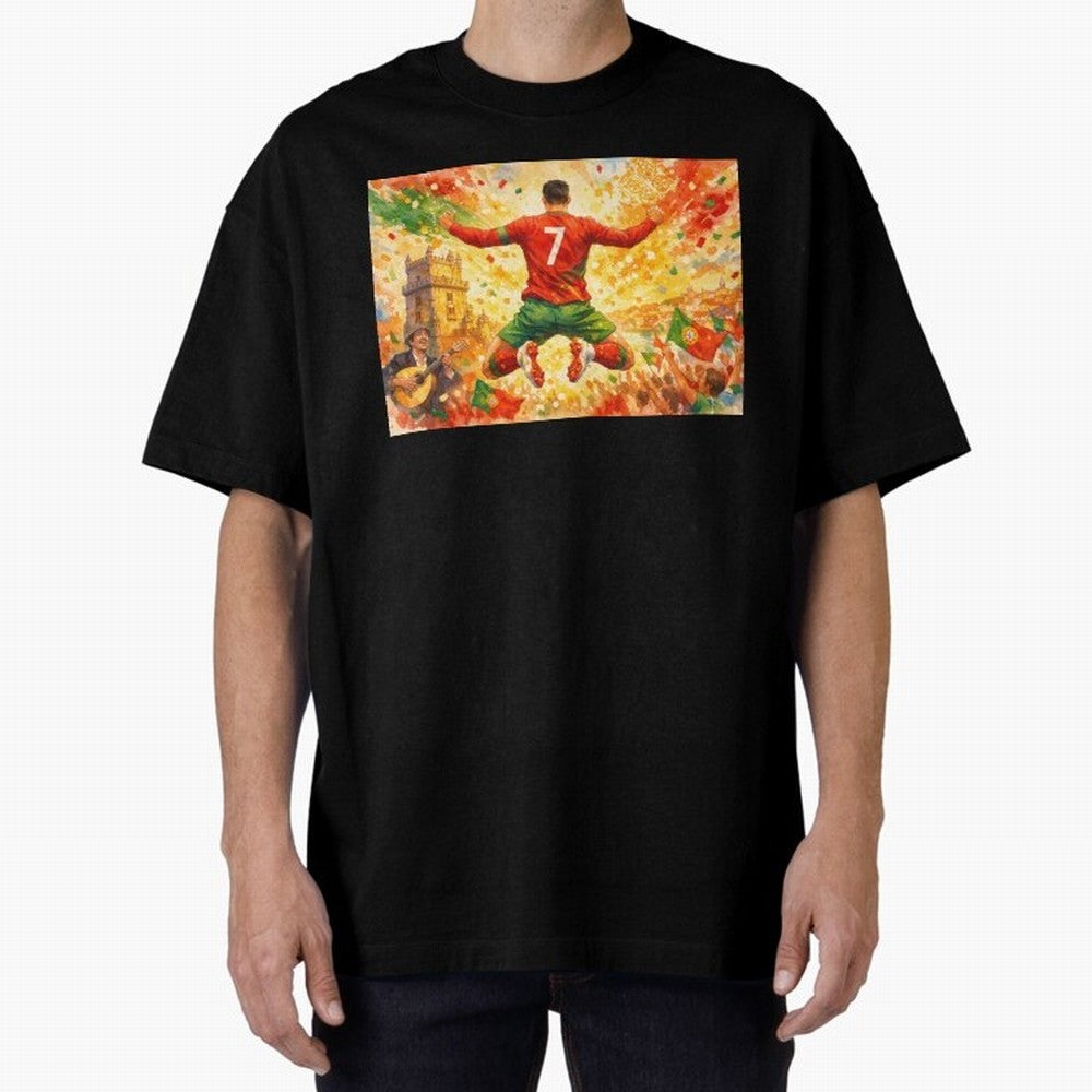 Soccer Player in Mid-Air Celebration Legend CR7 Oversized T-Shirt Carry FIFA World Cup 2026 Group Stage Highlighting Cristiano Ronaldo, Haaland and CR7, England, France and Netherlands Energy, Retro Football Energy, Iconic Rivalries, Trophy Chase