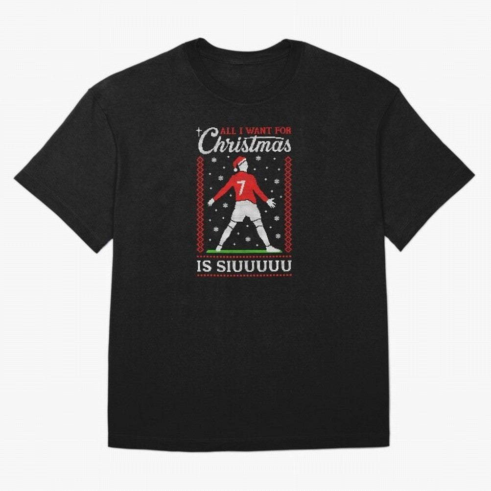 All I Want For Christmas Is Siuu Funny Christmas Festive Knitted Oversized T-Shirt Celebrate Fan Favorites in Global Football Passion for FIFA World Cup 2026 Group Stage, Inspired by CR7 and Messi, England, Match Day Excitement, Supporter Culture,