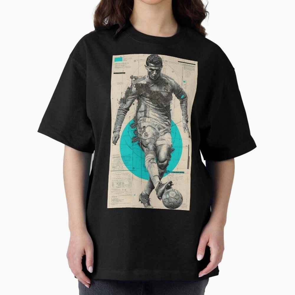 Futuristic Cristiano Ronaldo Illustration ¨C Cyber-Tech Football Art Oversized T-Shirt Honor Football Greatness during FIFA World Cup 2026 with Cristiano Ronaldo, Haaland and CR7, Brazil Energy, Football History, Final Match Energy, Crowd Noise and