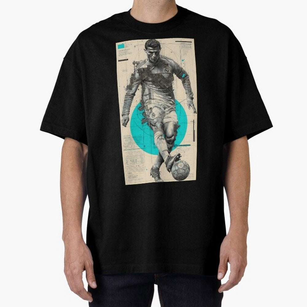Futuristic Cristiano Ronaldo Illustration ¨C Cyber-Tech Football Art Oversized T-Shirt Honor Football Greatness during FIFA World Cup 2026 with Cristiano Ronaldo, Haaland and CR7, Brazil Energy, Football History, Final Match Energy, Crowd Noise and