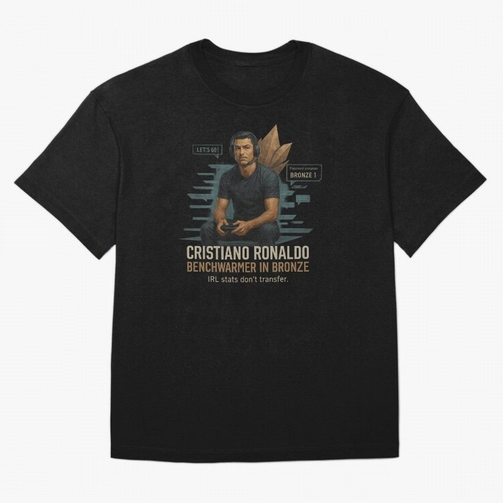 Cristiano Ronaldo Bronze Gamer ¨C Benchwarmers IRL Stats Don¡¯t Transfer Oversized T-Shirt Bring Legendary Rivalry Energy to the FIFA World Cup 2026 Journey through Neymar Highlights, France Pride, Tournament Hype, Historic Matchups, Family Viewing