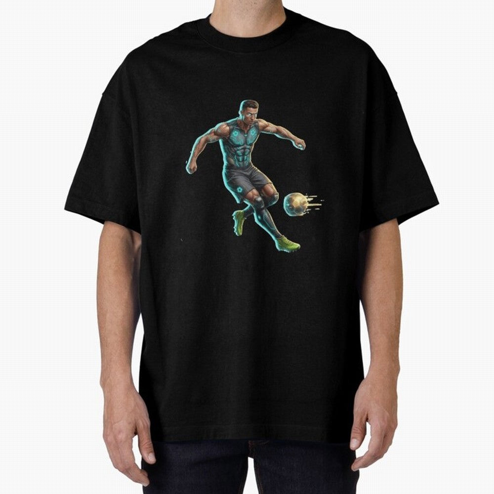 Cyberpunk Cristiano Ronaldo: Futuristic CR7 Kicking Glowing Soccer Ball Fan Art Oversized T-Shirt Carry the Colors and Pride of the FIFA World Cup 2026 USA Canada Mexico Journey through Neymar, Haaland and Cristiano Ronaldo Highlights, England and