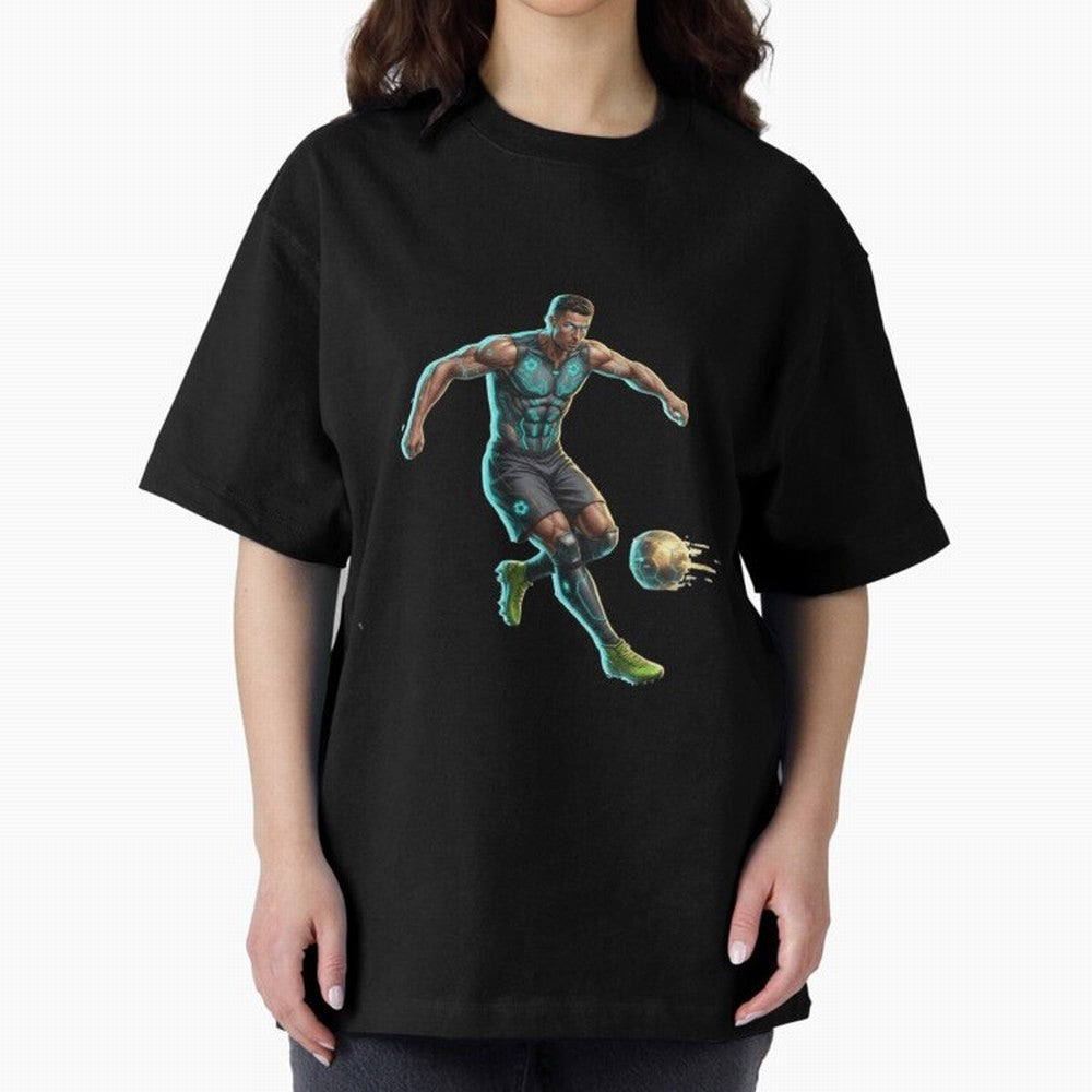 Cyberpunk Cristiano Ronaldo: Futuristic CR7 Kicking Glowing Soccer Ball Fan Art Oversized T-Shirt Carry the Colors and Pride of the FIFA World Cup 2026 USA Canada Mexico Journey through Neymar, Haaland and Cristiano Ronaldo Highlights, England and