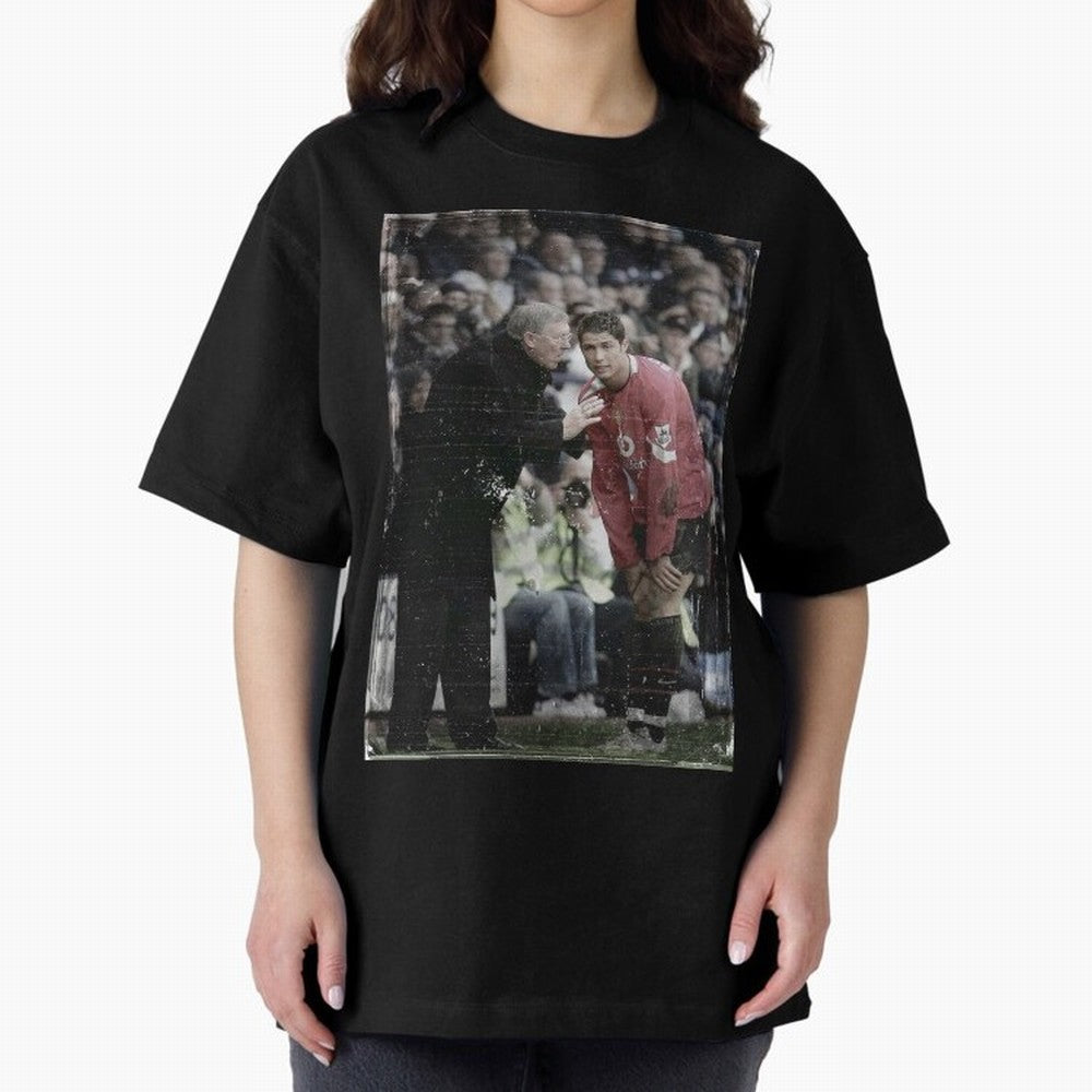 Sir Alex Ferguson and Cristiano Ronaldo Oversized T-Shirt Stand with Global Football Passion for FIFA World Cup 2026 Group Stage, Driven by Mbappe and Neymar, Argentina, Championship Spirit, Famous Goals, Roaring Crowds and International Football