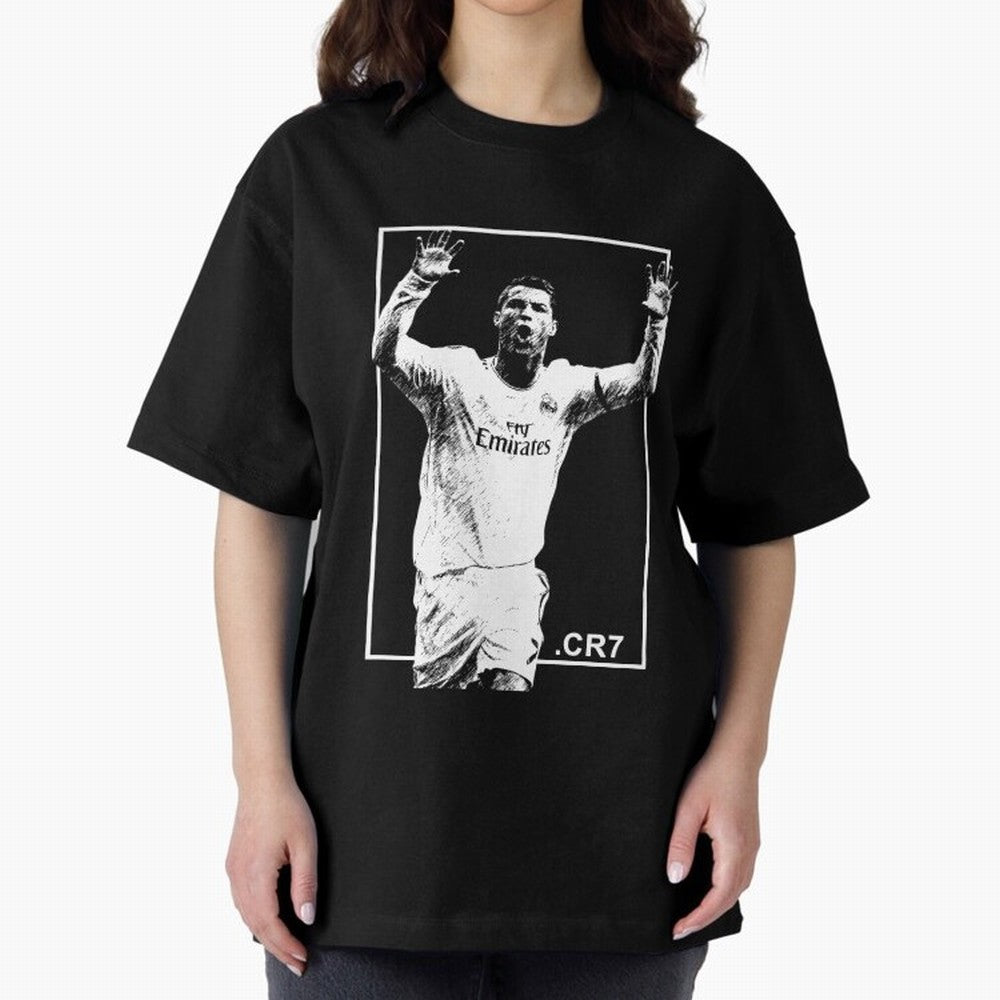 Cristiano Ronaldo CR7 in Black and White Design Oversized T-Shirt Stand with FIFA World Cup 2026 Filled with CR7, Spain and Netherlands Energy, Goal Celebration Energy, Supporter Heritage, Football Icons and Worldwide Tournament Joy; Ideal for