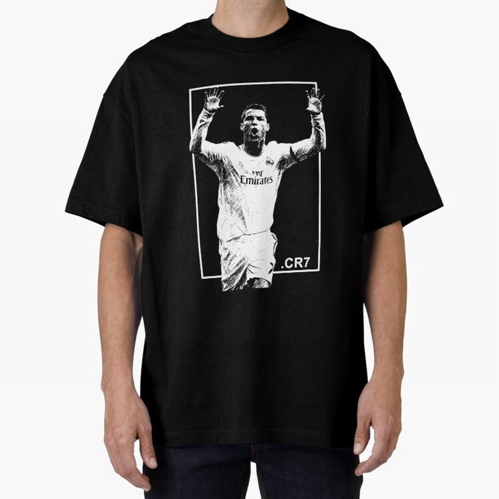 Cristiano Ronaldo CR7 in Black and White Design Oversized T-Shirt Stand with FIFA World Cup 2026 Filled with CR7, Spain and Netherlands Energy, Goal Celebration Energy, Supporter Heritage, Football Icons and Worldwide Tournament Joy; Ideal for
