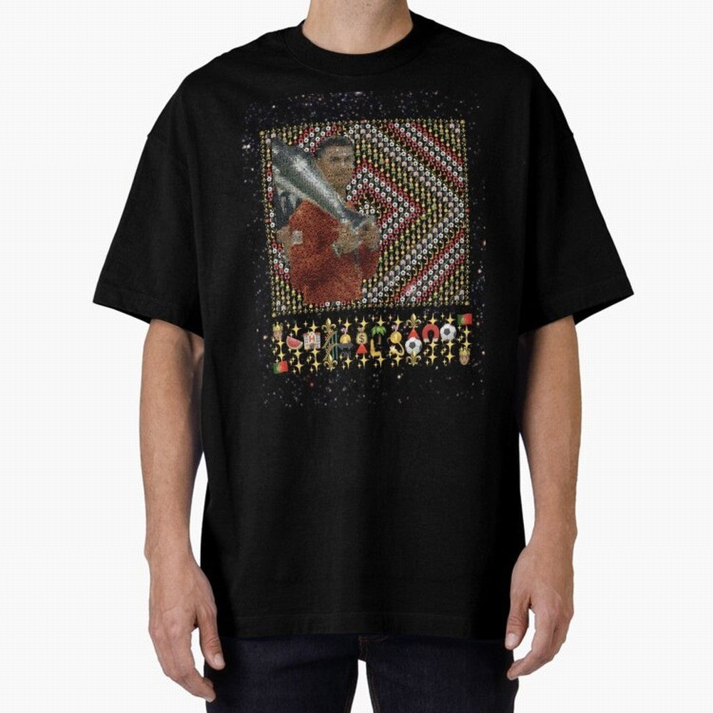 Iconic Emojified Football Legend Holding Victory Trophy | Inspired Art Oversized T-Shirt Capture Stadium Memories from FIFA World Cup 2026 with Messi, Portugal Energy, Worldwide Fan Energy, Dramatic Goals, Stadium Lights and Championship
