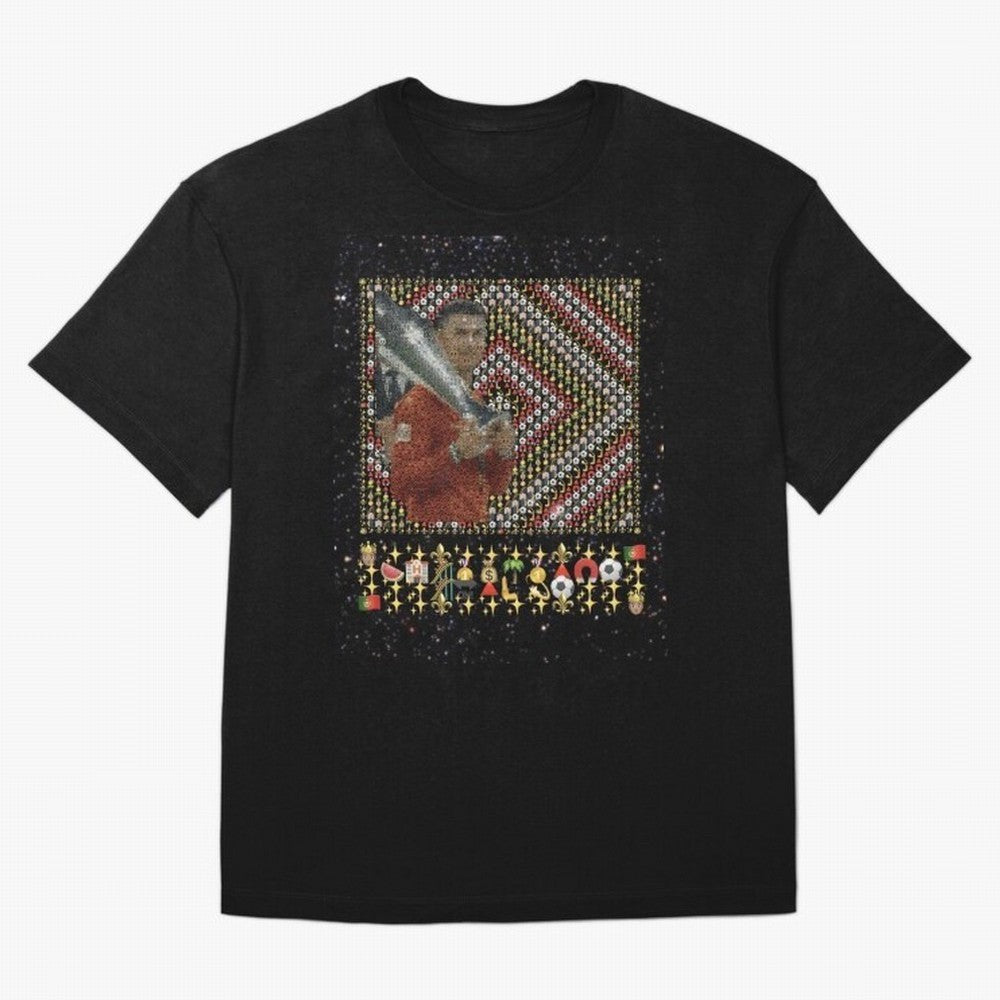 Iconic Emojified Football Legend Holding Victory Trophy | Inspired Art Oversized T-Shirt Capture Stadium Memories from FIFA World Cup 2026 with Messi, Portugal Energy, Worldwide Fan Energy, Dramatic Goals, Stadium Lights and Championship