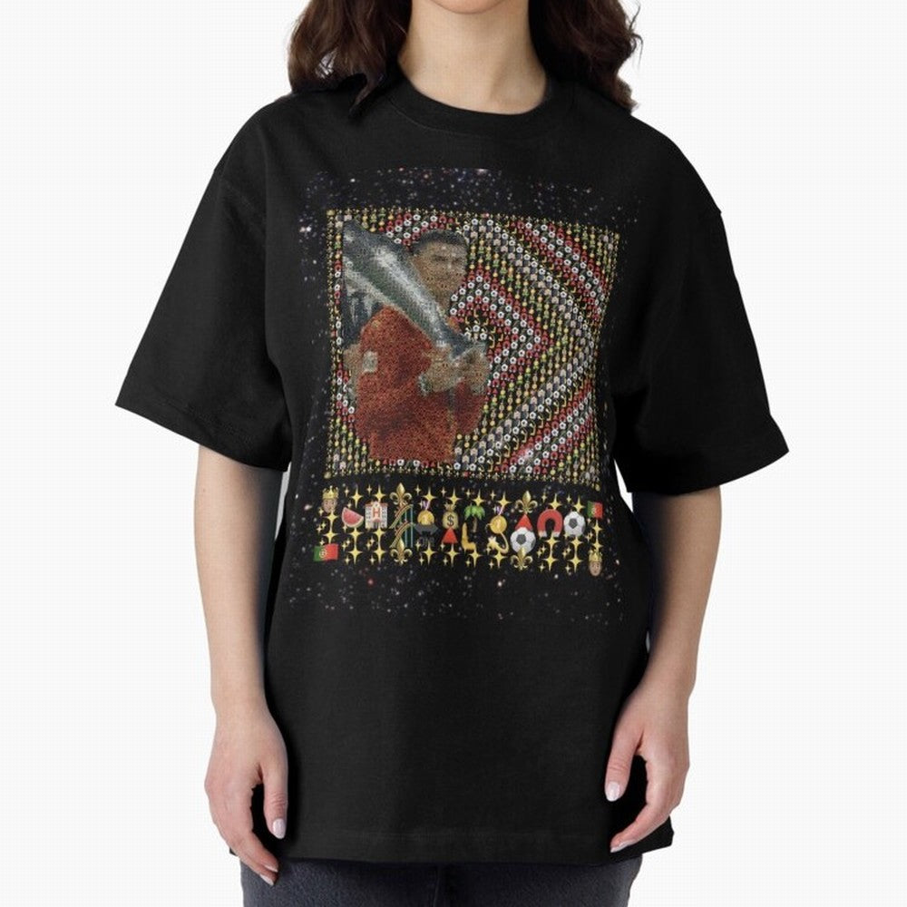 Iconic Emojified Football Legend Holding Victory Trophy | Inspired Art Oversized T-Shirt Capture Stadium Memories from FIFA World Cup 2026 with Messi, Portugal Energy, Worldwide Fan Energy, Dramatic Goals, Stadium Lights and Championship