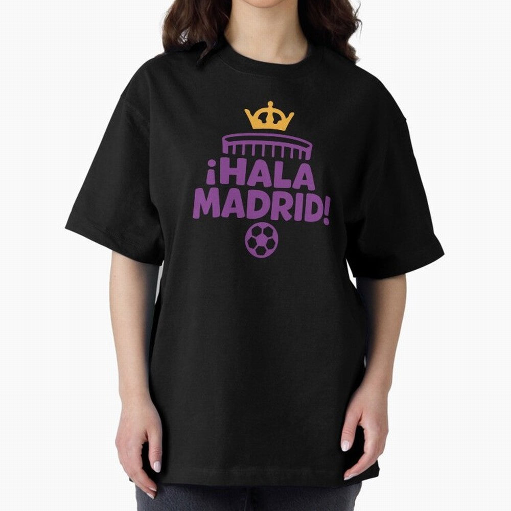 Hala Madrid Oversized T-Shirt Show Support during Global Football Passion for FIFA World Cup 2026 Group Stage, Highlighting Messi and Cristiano Ronaldo, Brazil, Retro Football Energy, Iconic Rivalries, Trophy Chase Drama and Stadium Atmosphere;