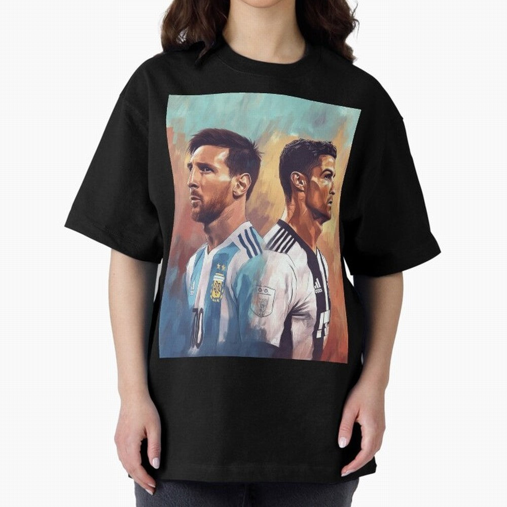 Lionel Messi and Cristiano Ronaldo Oversized T-Shirt Celebrate Classic Football Spirit in Match Day Hype around FIFA World Cup 2026, Neymar, Haaland and Cristiano Ronaldo, Brazil, Portugal and Argentina, Worldwide Fan Energy, Dramatic Goals,