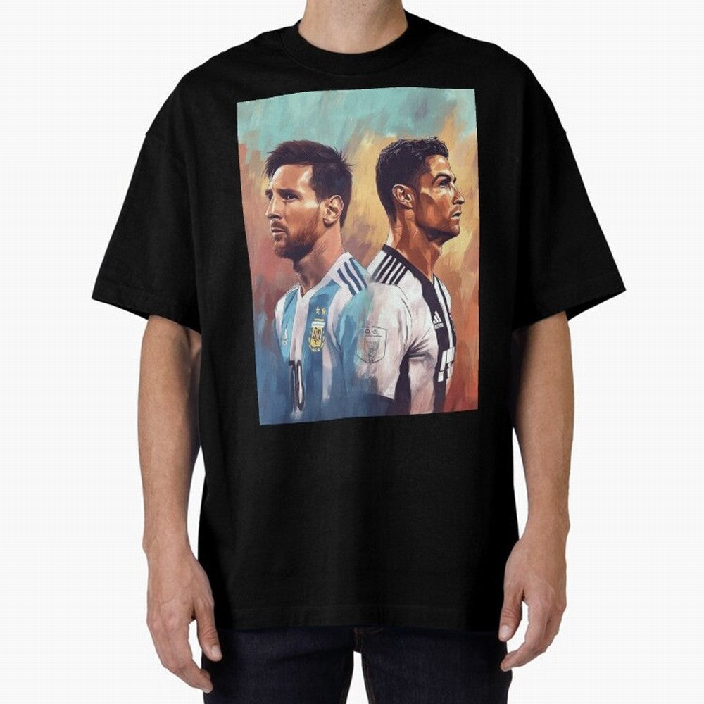 Lionel Messi and Cristiano Ronaldo Oversized T-Shirt Celebrate Classic Football Spirit in Match Day Hype around FIFA World Cup 2026, Neymar, Haaland and Cristiano Ronaldo, Brazil, Portugal and Argentina, Worldwide Fan Energy, Dramatic Goals,