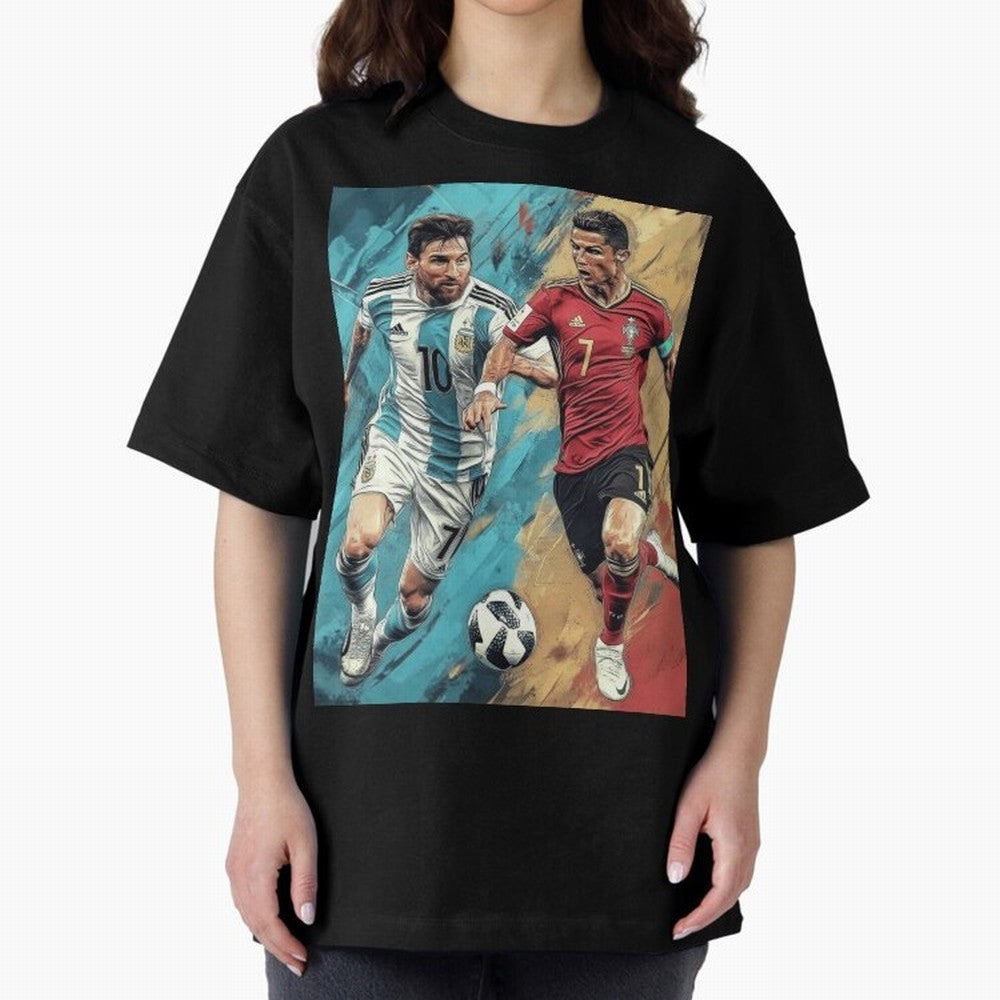 Lionel Messi and Cristiano Ronaldo Oversized T-Shirt Discover FIFA World Cup 2026 Centered on Neymar, Brazil Energy, Match Day Excitement, Supporter Culture, Golden Goals and Global Football Passion; Perfect for Supporters Who Want Bold Football