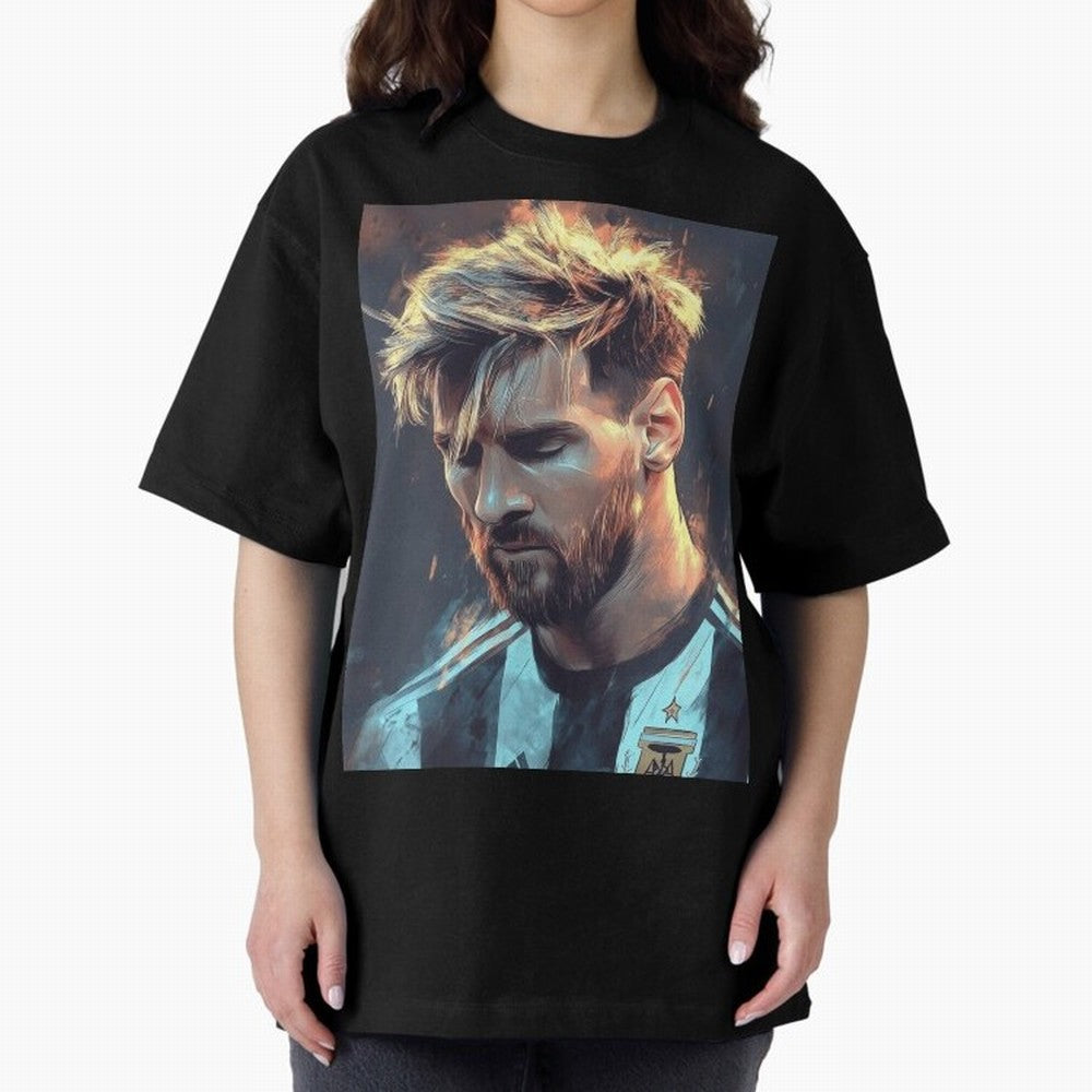 leo Messi Oversized T-Shirt Honor Football Greatness during Match Day Hype around FIFA World Cup 2026 Group Stage, Cristiano Ronaldo, Argentina, Championship Spirit, Famous Goals, Roaring Crowds and International Football Unity; Built for
