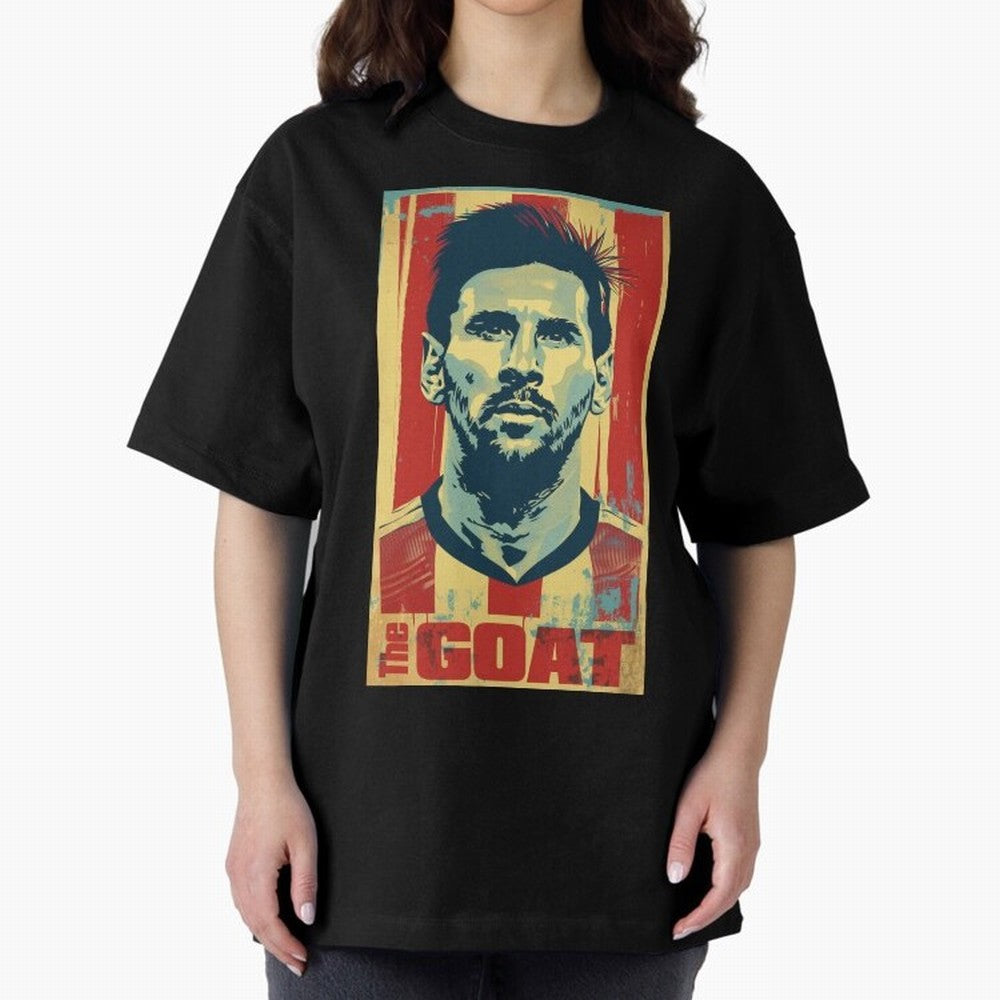 Messi The GOAT Graphic poster design Oversized T-Shirt Stand with the FIFA World Cup 2026 Group Stage Journey through Cristiano Ronaldo Highlights, Argentina Pride, Sports Nostalgia, International Competition, Famous Players and Unforgettable