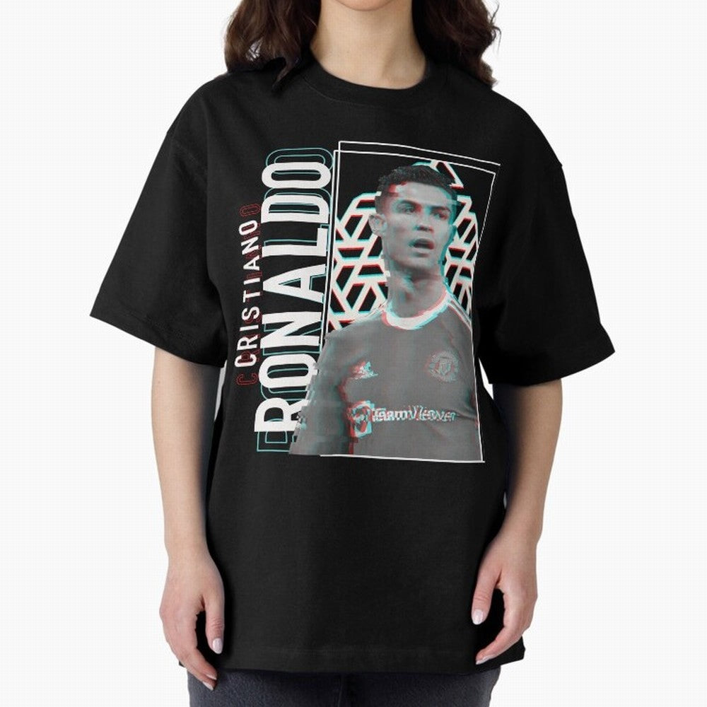 Cristiano Ronaldo Glith Effect Oversized T-Shirt Embrace FIFA World Cup 2026 Group Stage Spirit, Highlighting France and Portugal, Messi, CR7 and Mbappe, Sports Nostalgia, International Competition, Famous Players and Unforgettable Victories; Made