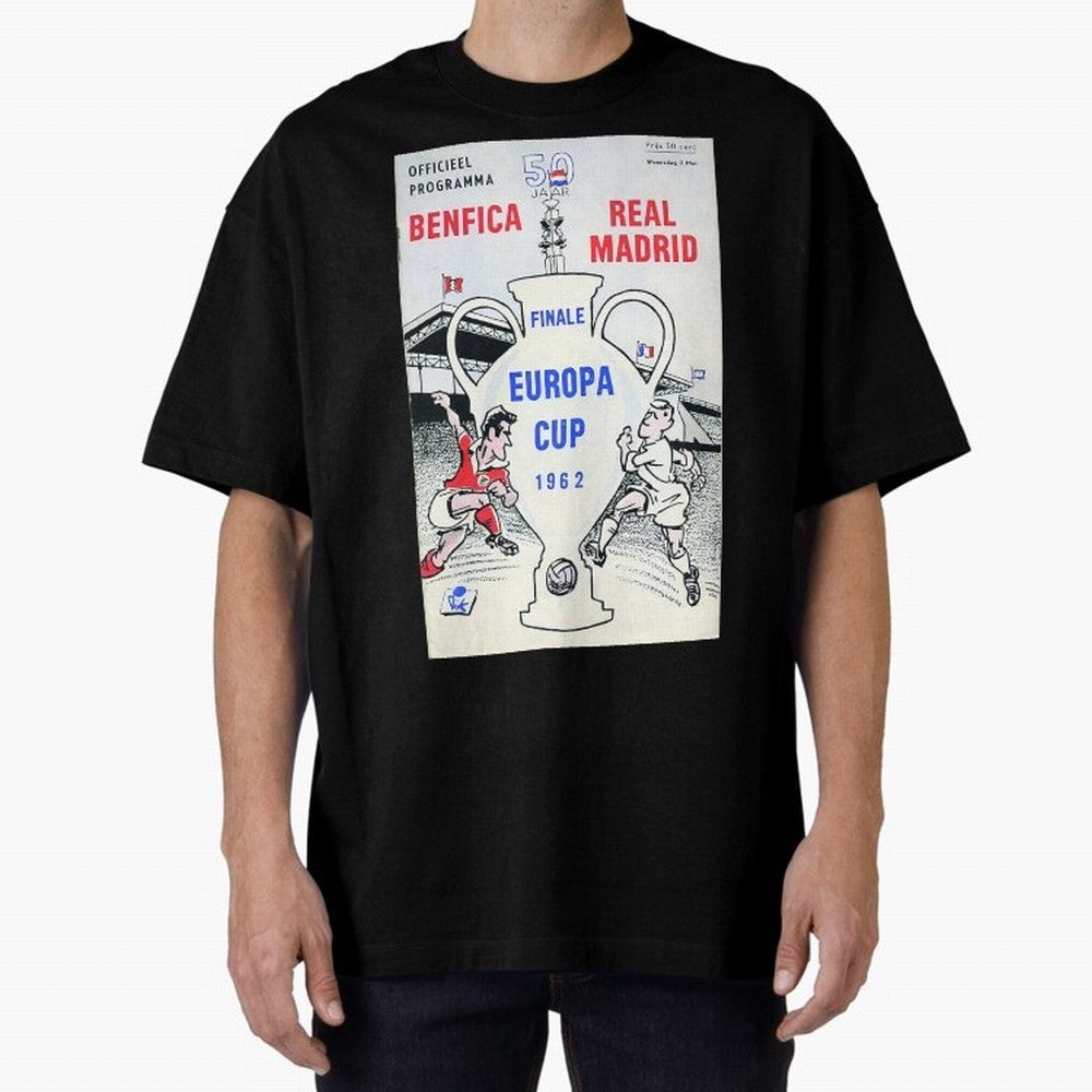 Vintage Champions League Final Poster - Real Madrid vs Benfica Oversized T-Shirt Join Supporters Worldwide for Global Football Passion for FIFA World Cup 2026 Group Stage, Connected to Messi and Cristiano Ronaldo, Brazil, Championship Spirit,