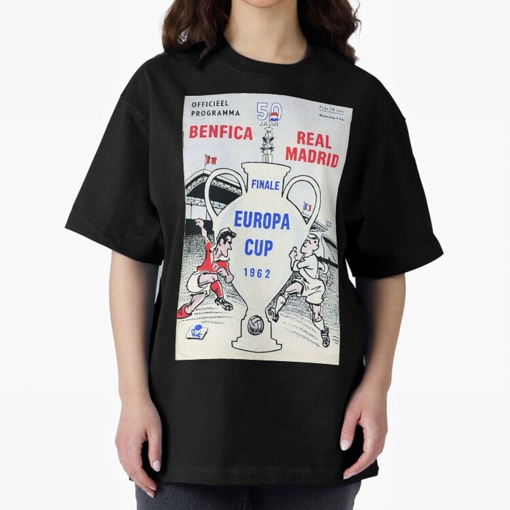 Vintage Champions League Final Poster - Real Madrid vs Benfica Oversized T-Shirt Join Supporters Worldwide for Global Football Passion for FIFA World Cup 2026 Group Stage, Connected to Messi and Cristiano Ronaldo, Brazil, Championship Spirit,