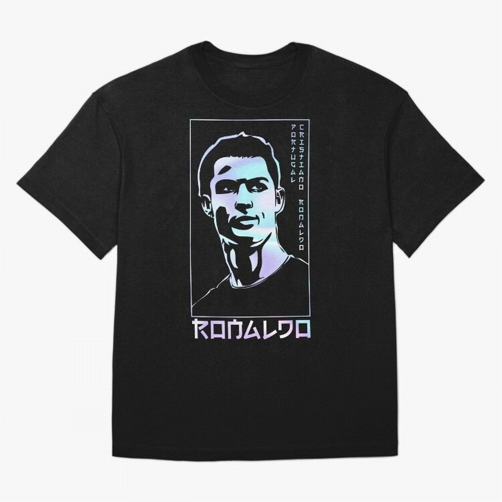 Ronaldo holographic Style Portrait art illustration Oversized T-Shirt Live the Energy of Global Football Passion for FIFA World Cup 2026, Centered on Messi, CR7 and Mbappe, Portugal, Worldwide Fan Energy, Dramatic Goals, Stadium Lights and