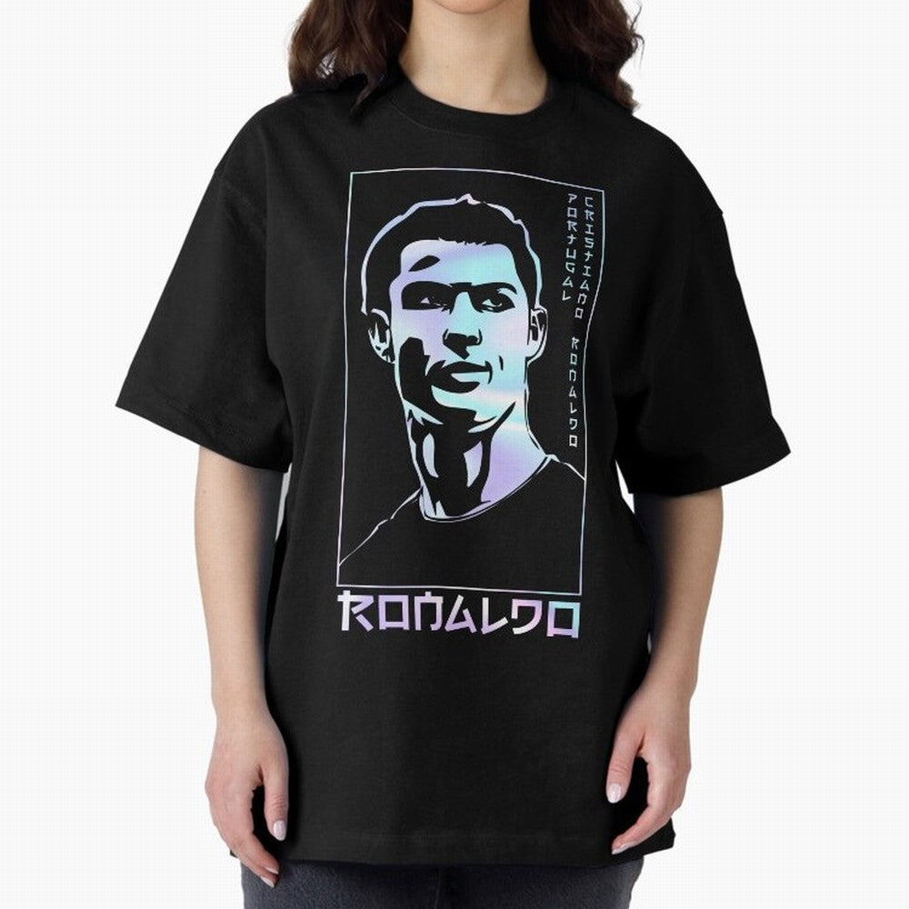 Ronaldo holographic Style Portrait art illustration Oversized T-Shirt Live the Energy of Global Football Passion for FIFA World Cup 2026, Centered on Messi, CR7 and Mbappe, Portugal, Worldwide Fan Energy, Dramatic Goals, Stadium Lights and