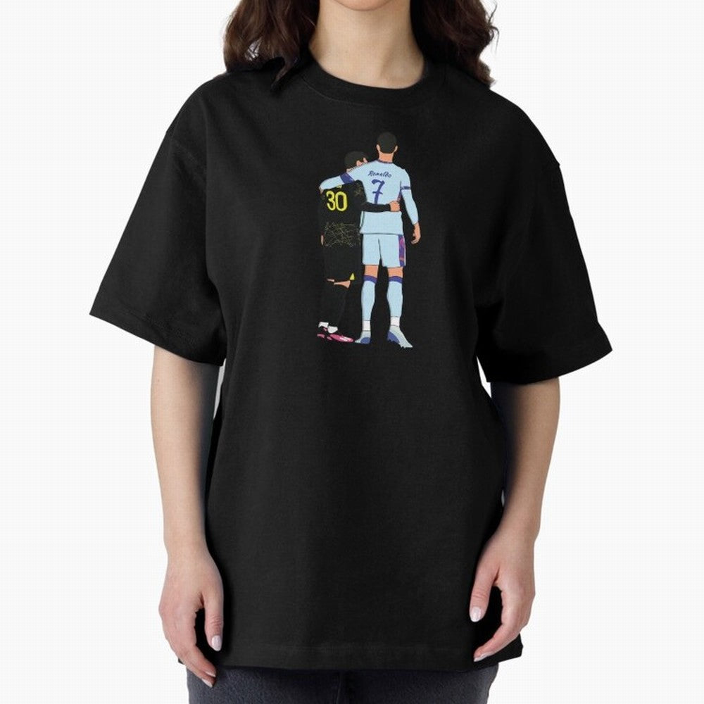 Messi and Ronaldo Reunion Illustration Oversized T-Shirt Celebrate Unforgettable Nights in Global Football Passion for FIFA World Cup 2026 USA Canada Mexico, Connected to Neymar, Haaland and Cristiano Ronaldo, Germany, Championship Spirit, Famous