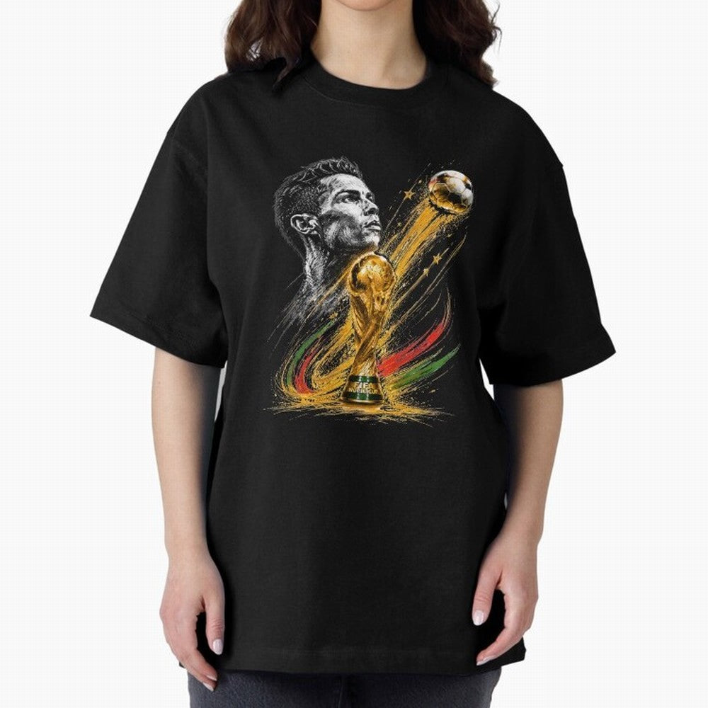 Ronaldo with World Cup Oversized T-Shirt Join the Countdown to FIFA World Cup 2026 USA Canada Mexico for Fans of CR7 and Messi and Spain and Netherlands, Bringing Tournament Hype, Historic Matchups, Family Viewing Parties and Global Sports Pride;