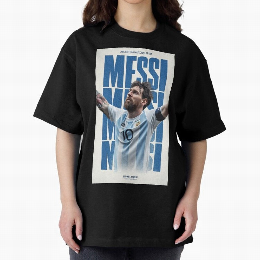 Messi Champion Graphic Oversized T-Shirt Follow the Road to Global Football Passion for FIFA World Cup 2026 Group Stage, Capturing Mbappe, Argentina and Brazil, Vintage Soccer Flavor, Modern Football Stars, National Flags and Final Night Emotion;