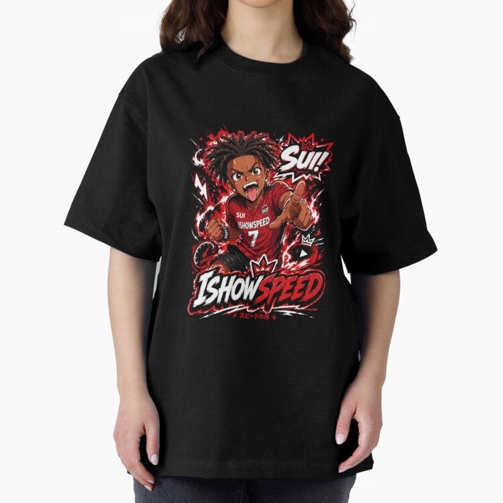 I Show Speed SUI Anime poster | Hype art Red Black Streewear Oversized T-Shirt Showcase Match Day Hype around FIFA World Cup 2026, Cristiano Ronaldo, Haaland and CR7, Portugal, Supporter Pride, Iconic Celebrations, Legendary Names and Global Match